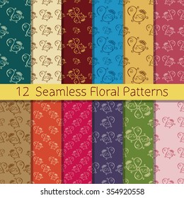 Set of 12 floral seamless patterns from hand drawn sketches. Can be used for wallpapers, backgrounds etc. Optimized for easy color changes. EPS10 vector illustration includes Pattern Swatches.