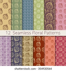 Set of 12 floral seamless patterns from hand drawn sketches. Can be used for wallpapers, backgrounds etc. Optimized for easy color changes. EPS10 vector illustration includes Pattern Swatches.