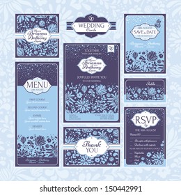 Set 12 of floral wedding cards. Wedding invitations. Thank you card. Save the date card. Table card. RSVP card and Menu.