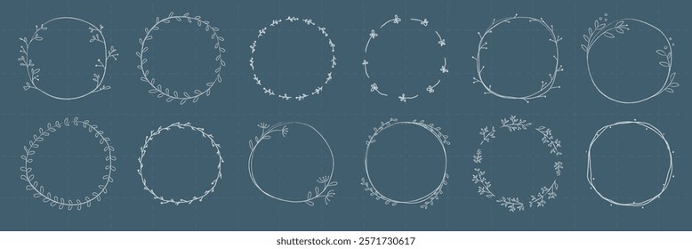 Set of 12 floral wreaths. Delicate floral wreaths with intricate designs. Perfect for invitations, cards, and decorations. Floral wreaths add elegance. Frame element vector set.