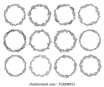 Set of 12 floral wreaths made from hand drawn leaves and flowers