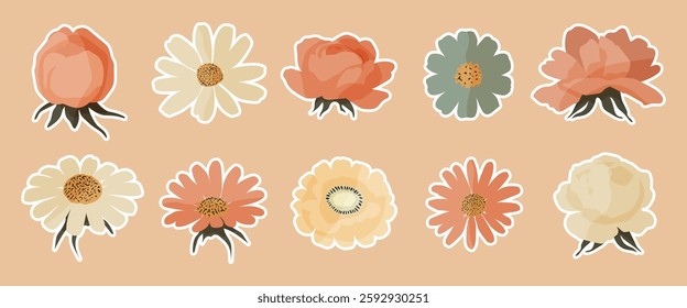 A set of 12 flower stickers with different colors and shapes. The flowers are arranged in a row and are of various sizes. The stickers are placed on a light pink background