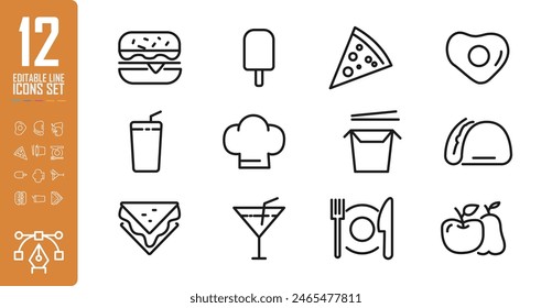 Set of 12 Food and Drink line icons set.