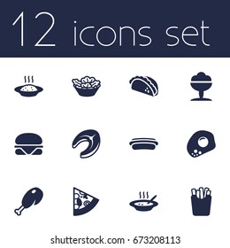 Set Of 12 Food Icons Set.Collection Of Fried Poultry, Seafood, Lettuce And Other Elements.