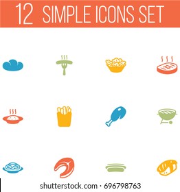 Set Of 12 Food Icons Set.Collection Of Japanese Roll, Frankfurter, Lettuce And Other Elements.