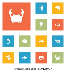 Set Of 12 Food Icons Set.Collection Of Medusa, Roe, Shark And Other Elements.