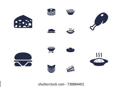 Set Of 12 Food Icons Set.Collection Of Crisp, Fried Poultry, Broth And Other Elements.
