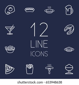 Set Of 12 Food Outline Icons Set.Collection Of Sorbet, Beer, Pasta And Other Elements.