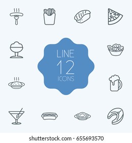 Set Of 12 Food Outline Icons Set.Collection Of Pasta, Salad, French Fries And Other Elements.