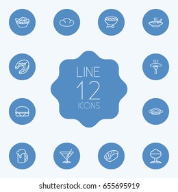 Set Of 12 Food Outline Icons Set.Collection Of Salad, Cocktail, Bbq And Other Elements.
