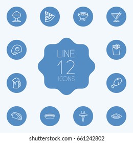 Set Of 12 Food Outline Icons Set.Collection Of Hotdog, Chicken Leg, Sorbet And Other Elements.
