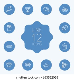 Set Of 12 Food Outline Icons Set.Collection Of Bbq, Cocktail, Porridge And Other Elements.