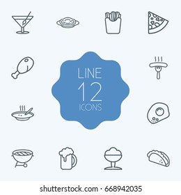 Set Of 12 Food Outline Icons Set.Collection Of Cocktail, Omelette, Bbq And Other Elements.