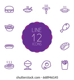 Set Of 12 Food Outline Icons Set.Collection Of Japanese Roll, Hotdog, Porridge And Other Elements.