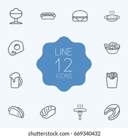 Set Of 12 Food Outline Icons Set.Collection Of Hotdog, Sorbet, Mexican Food And Other Elements.