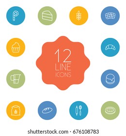 Set Of 12 Food Outline Icons Set.Collection Of Waffle, Measuring Cup, Apple Pie And Other Elements.