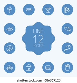 Set Of 12 Food Outline Icons Set.Collection Of Mexican Food, Omelette, Sandwich Elements.