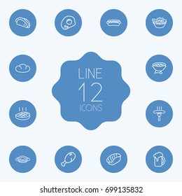 Set Of 12 Food Outline Icons Set.Collection Of Omelette, Bbq, Pasta And Other Elements.