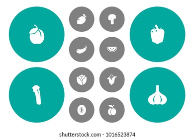 Set of 12 fruit icons set. Collection of corn, aubergine, sweet pepper and other elements.