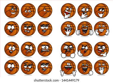 
set of 12 funny basketball Ball cartoon character Mascot with various face expression. Vector Illustration Isolated On White Background