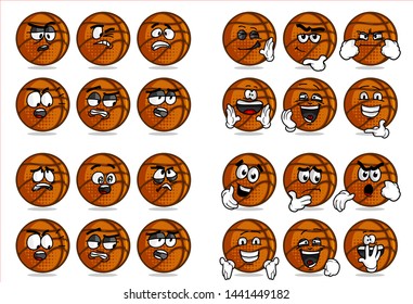 
set of 12 funny basketball Ball cartoon character Mascot with various face expression. Vector Illustration Isolated On White Background