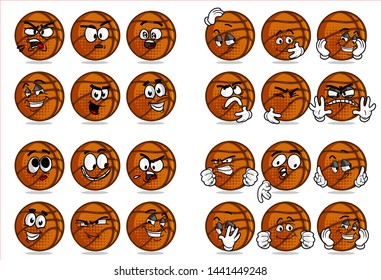 
set of 12 funny basketball Ball cartoon character Mascot with various face expression. Vector Illustration Isolated On White Background