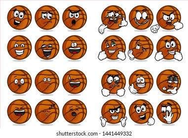 
set of 12 funny basketball Ball cartoon character Mascot with various face expression. Vector Illustration Isolated On White Background