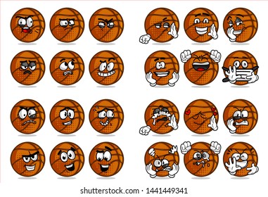 
set of 12 funny basketball Ball cartoon character Mascot with various face expression. Vector Illustration Isolated On White Background