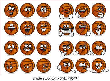 
set of 12 funny basketball Ball cartoon character Mascot with various face expression. Vector Illustration Isolated On White Background