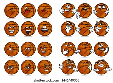 
set of 12 funny basketball Ball cartoon character Mascot with various face expression. Vector Illustration Isolated On White Background
