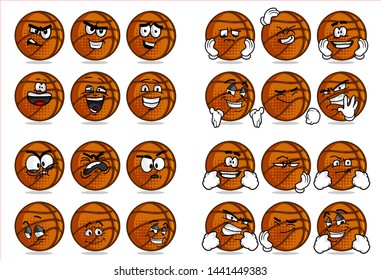 
set of 12 funny basketball Ball cartoon character Mascot with various face expression. Vector Illustration Isolated On White Background