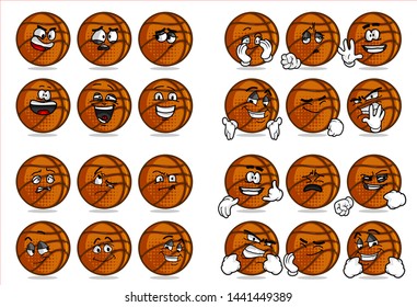 
set of 12 funny basketball Ball cartoon character Mascot with various face expression. Vector Illustration Isolated On White Background