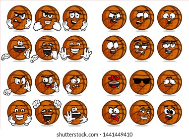 
set of 12 funny basketball Ball cartoon character Mascot with various face expression. Vector Illustration Isolated On White Background