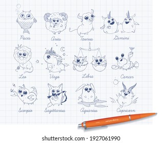 Set of 12 funny doodle zodiac icons on lined paper. Astrology horoscope with signs. Calendar template. Libra Scorpio Sagittarius Capricorn Aquarius Pisces. Aries Taurus Gemini Cancer Leo Virgo