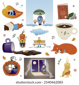 Conjunto de 12 personagens de fantasia engraçados com humor de autunm - depressão, desespero, tristeza, confusão. Livro, folha, chuva, xícara, café, poça, gato vermelho, abóbora, vela, fantasmas, chocolate, guarda-chuva, janela da noite