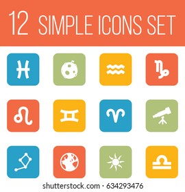 Set Of 12 Galaxy Icons Set.Collection Of Lunar, Horoscope, Water Bearer And Other Elements.