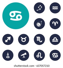 Set Of 12 Galaxy Icons Set.Collection Of Horoscope, Crab, Water Bearer And Other Elements.