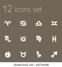 Set Of 12 Galaxy Icons Set.Collection Of Crab, Lunar, Virgin And Other Elements.