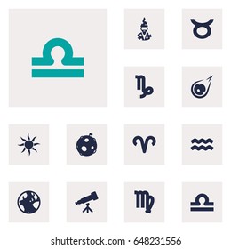 Set Of 12 Galaxy Icons Set.Collection Of Lunar, Water Bearer, Goat And Other Elements.