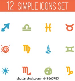 Set Of 12 Galaxy Icons Set.Collection Of Space, Lunar, Twins And Other Elements.