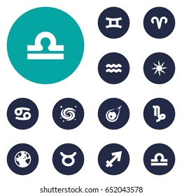 Set Of 12 Galaxy Icons Set.Collection Of Twins, Goat, Scales And Other Elements.