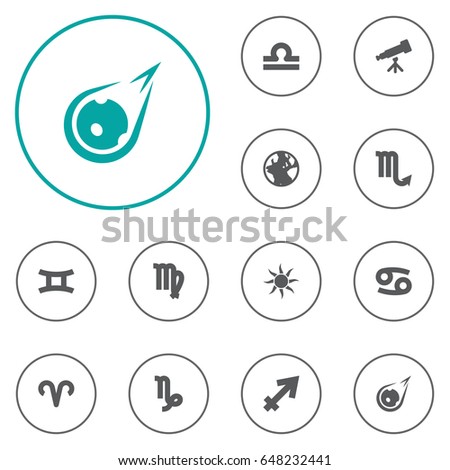 Set Of 12 Galaxy Icons Set.Collection Of Crab, Ram, Binoculars And Other Elements.