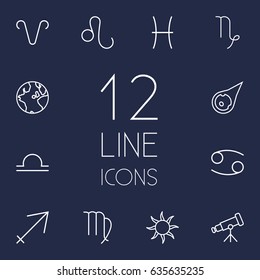 Set Of 12 Galaxy Outline Icons Set.Collection Of Asteroid, Sagittarius, Sun And Other Elements.