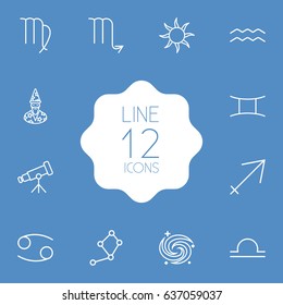 Set Of 12 Galaxy Outline Icons Set.Collection Of Libra, Sun, Telescope And Other Elements.