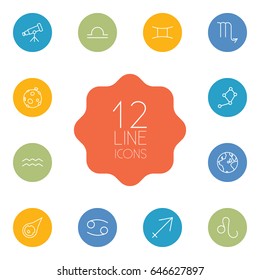 Set Of 12 Galaxy Outline Icons Set.Collection Of Asteroid, Sagittarius, Moon And Other Elements.