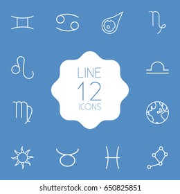 Set Of 12 Galaxy Outline Icons Set.Collection Of Libra, Globe, Gemini And Other Elements.