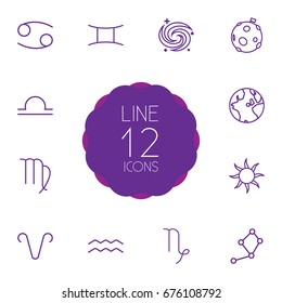 Set Of 12 Galaxy Outline Icons Set.Collection Of Globe, Virgo, Gemini And Other Elements.
