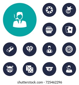 Set Of 12 Gambling Icons Set.Collection Of Money, Wheel, Jackpot And Other Elements.