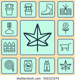 Set Of 12 Gardening Icons. Includes Cereal, Water Source, Fire Tube And Other Symbols. Beautiful Design Elements.