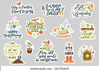 Set Of 12 Gardening Stickers With Funny Hand Lettered Quotes And Garden Clip Art Such As Vegetables, Flowers, And Garden Tools. Vector Illustration